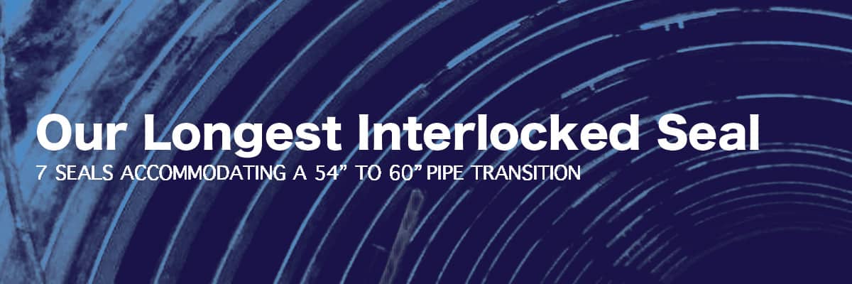 a long interlocked sleeve of HydraTite protecting an extended section of damaged pipe, 'Our Longest Interlocked Seal, 7 SEALS ACCOMMODATING A 54" to 60" Pipe Transition'