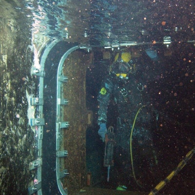 a seal being installed in a submerged box culvert
