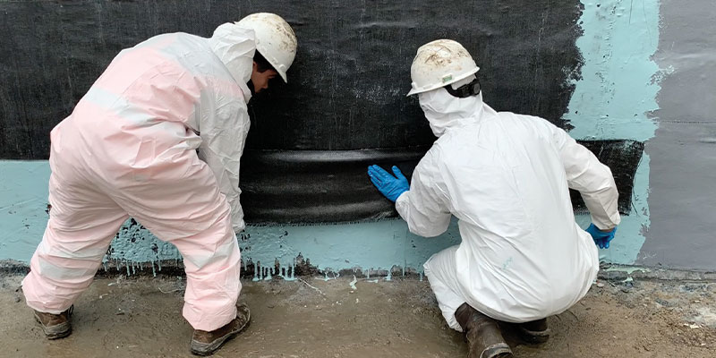 HydraWrap being applied by two field service technicians to a wall of a hydraulic jump