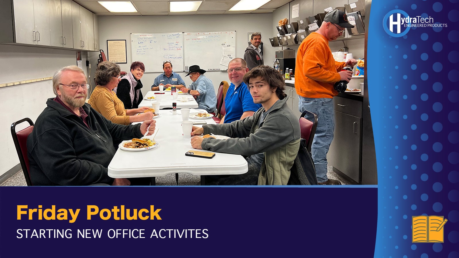 teaser image of employees gathering for the company potluck, 'Friday Potluck, Starting New Office Activities'