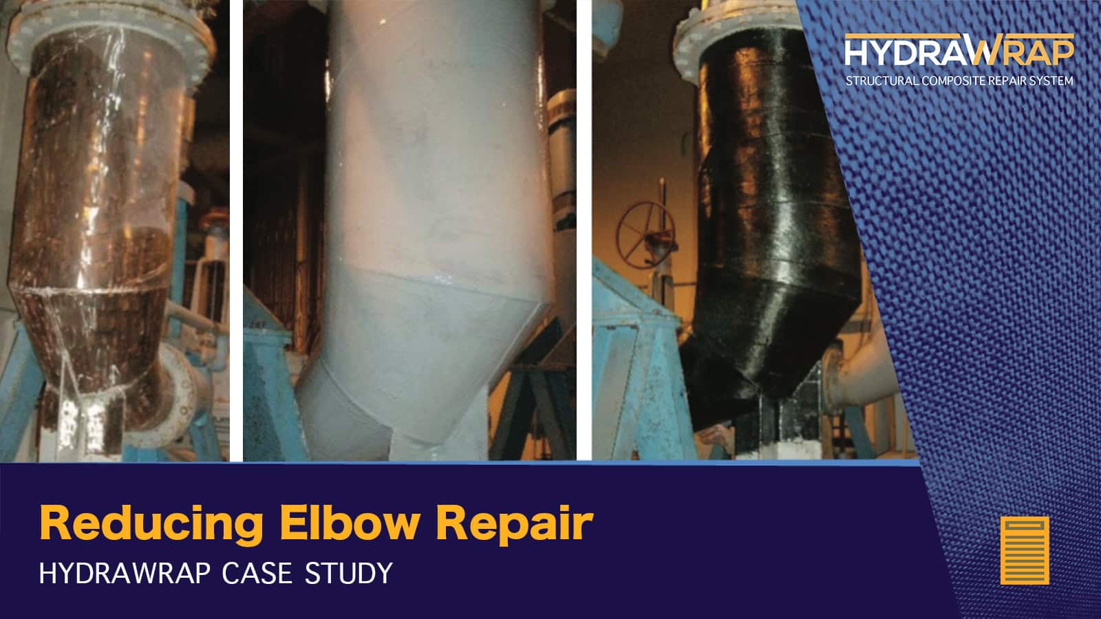 reducing elbow repair, one with the surface ground clean and the other after being HydraWrapped, 'Reducing Elbow Repair. HydraWrap Case Study'