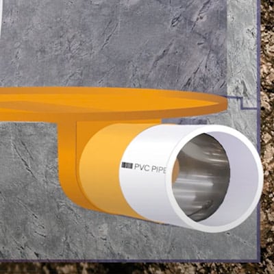 Rendering of HydraLock installation, sealing the connection between an FRP base liner and existing PVC pipe.