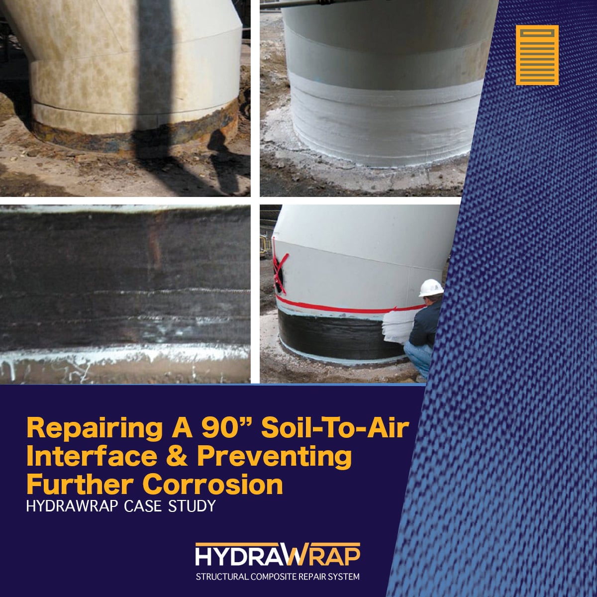 Before and after images of the soil-to-air interface repairing with HydraWrap, 'Repairing a 90" Soil-To-Air Interface & Preventing Further Corrosion'