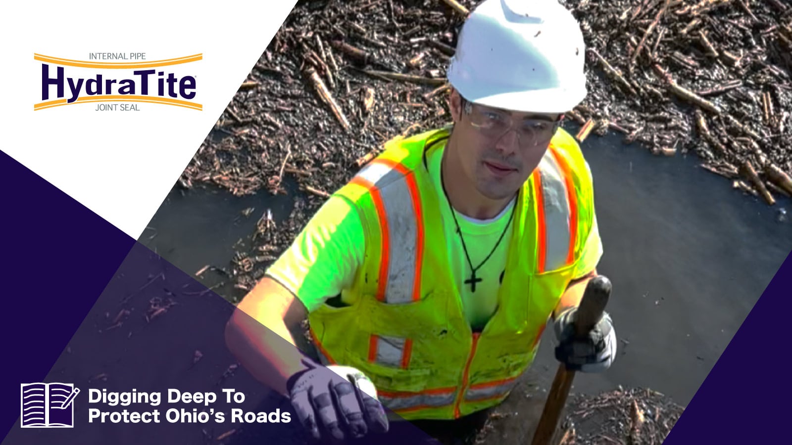 Field Technician standing in deep water with a shovel right outside a culvert, 'Digging Deep To Protect Ohio's Roads'