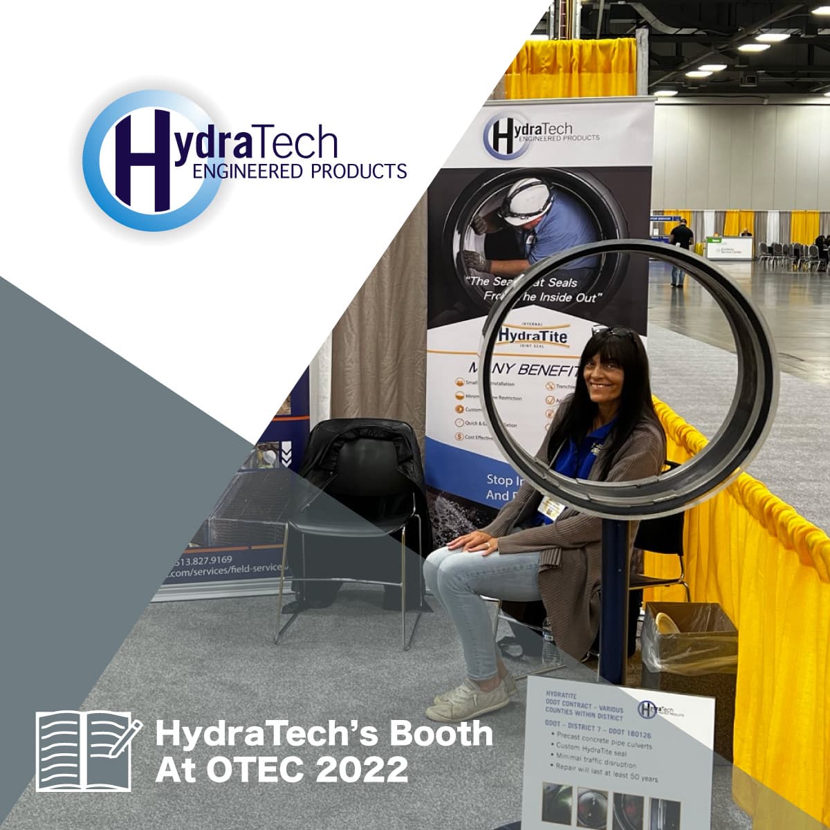 Jennifer sitting at HydraTech's booth at OTEC, framed by the HydraTite Internal Pipe Joint Seal, 'HydraTech's Booth at OTEC 2022'