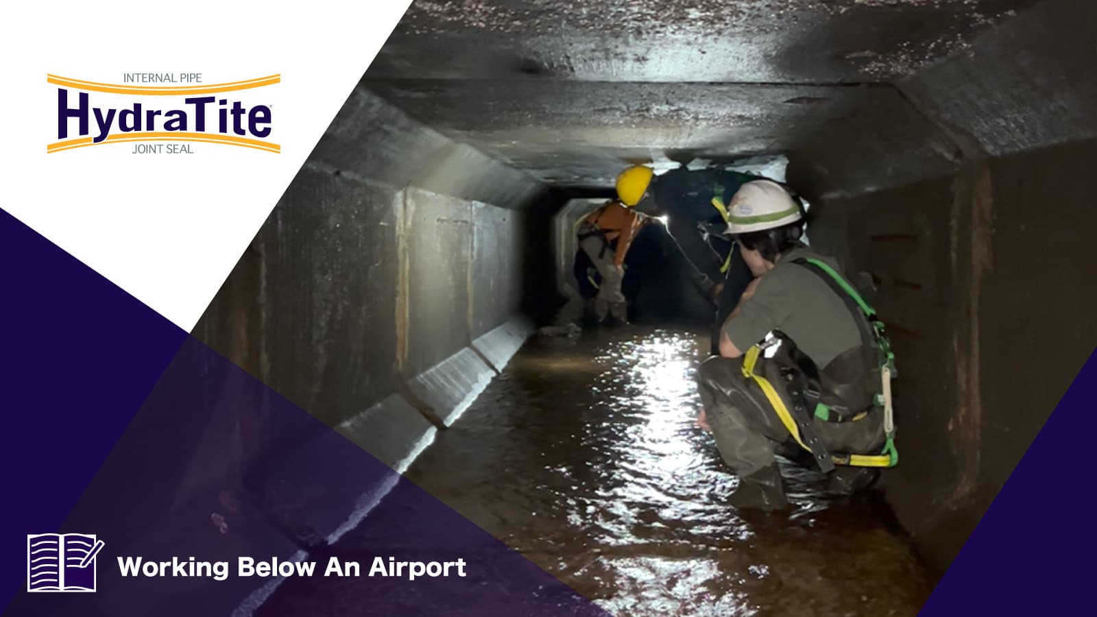 Field technicians working in a short culvert, 'Working Below An Airport'