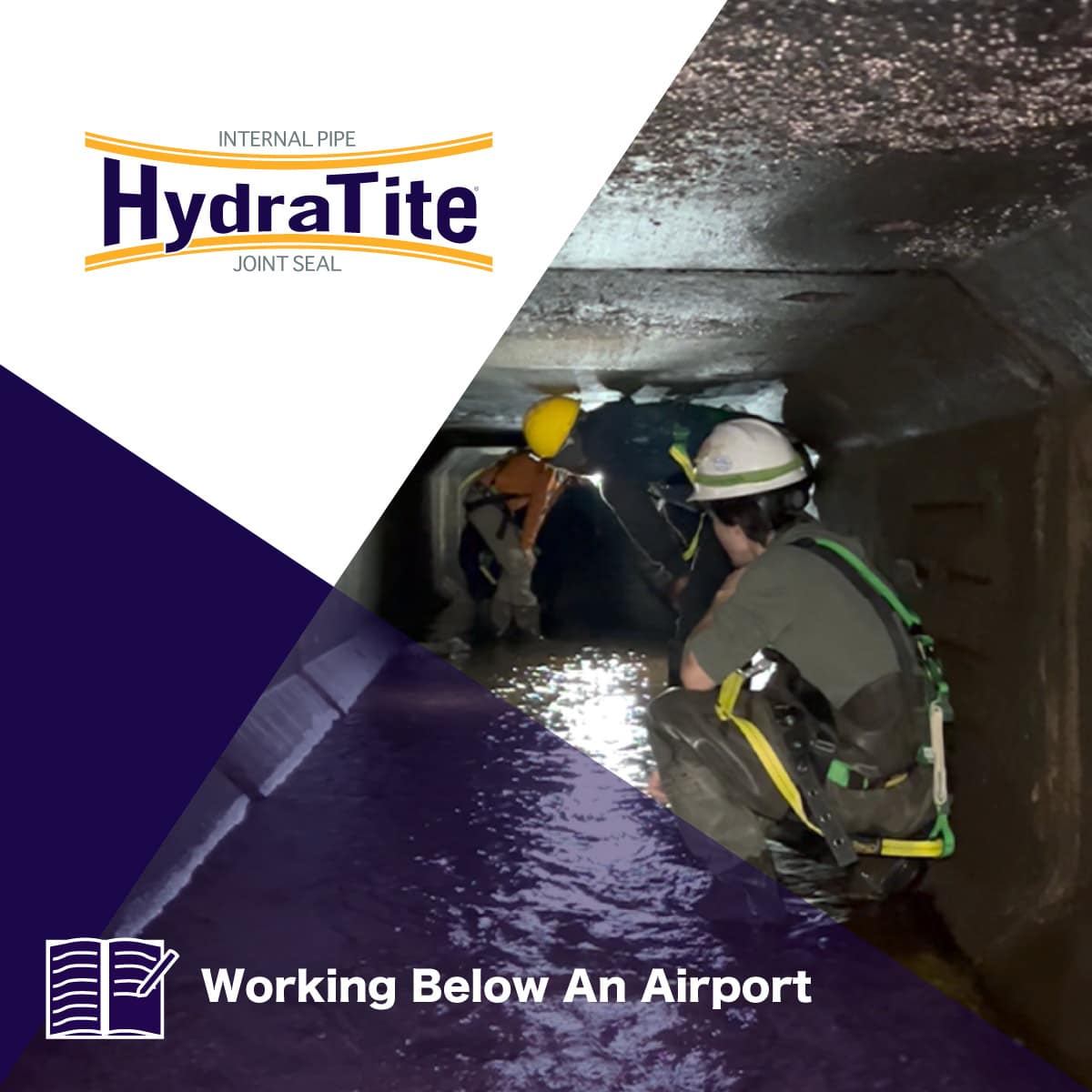 Field technicians working in a short culvert, 'Working Below An Airport'