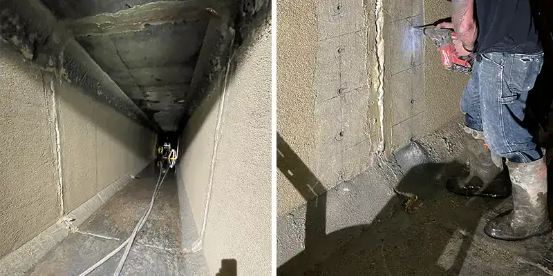 Two Images, Box Culvert Joint That Needs Repair, Drilling A Hole In The Wall For Anchors
