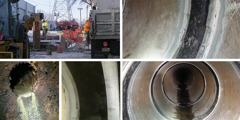 Four images of HydraTite installed in a round pipe