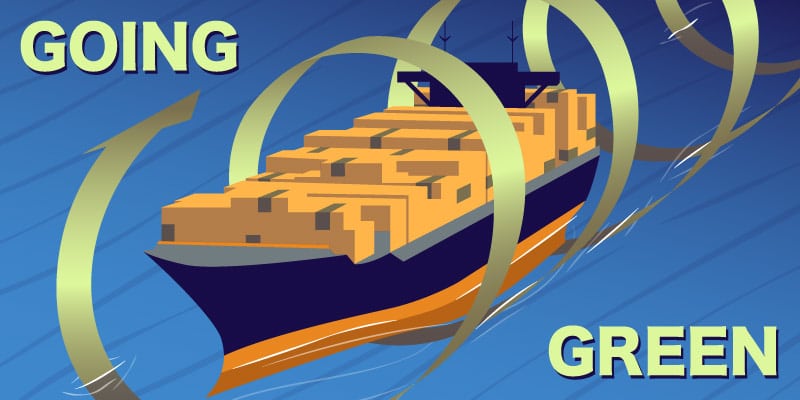 Graphic depiction of a shipping vessel being encircled by a green arrow, 'Going Green'
