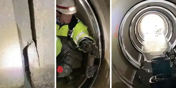 Three images, a joint with grout falling out, a field technician holding an expander in one of the retaining bands, long run of pipe with HydraTite installed over joints