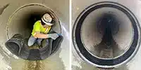Two images, a technician installing HydraTite over a pipe joint, a HydraTite protecting a pipe joint