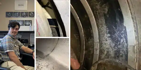 Four images, admin sitting at the front desk, severely separated pipe joint with a road sign wedged behind it, separated pipe joint, HydraTite installed with three retaining bands