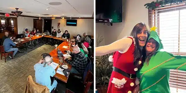 Two images, all the employees sitting and eating lunch at Christmas, two employees dressed festive attire and hugging