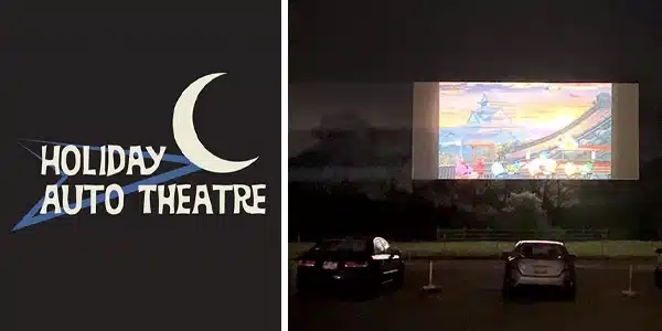 Two images, Holiday Theatre logo, multiple cars parked in front of a screen