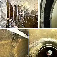 Four images, damaged portion of pipe at the invert, HydraTite installed over a joint, pipe joint with severe separation, HydraTite installed over a pipe joint to protect the integrity of the pipeline