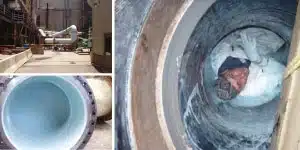 Three images, cooling water piping, epoxy applied to the interior of a pipe, technician rehabilitating the pipe by applying HydraWrap to the interior of the pipe