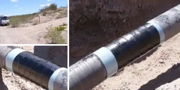There images, dusty dirt road with a truck off to the side, close-up of a pipe wrapped in HydraWrap, HydraWrap reinforcing a gas line