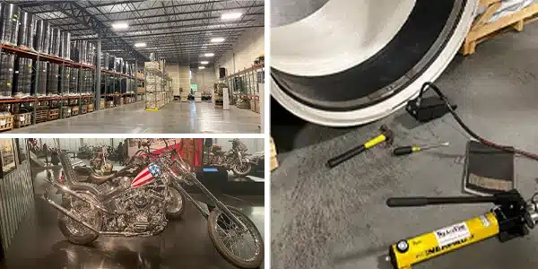 Three images, wearhouse, motorcycle, HydraTite demonstration
