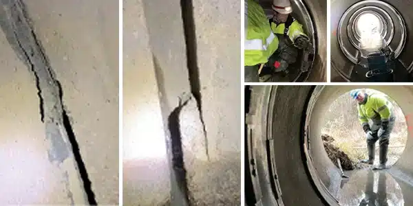Five images, chemical grout falling out of a joint, failing grout that has come loose out of a joint, a couple of technicians installing HydraTite over a pipe joint, multiple HydraTite seals installed in a pipe, a technician inspecting HydraTite