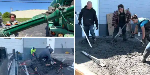 Field tech shoveling concrete down a shute