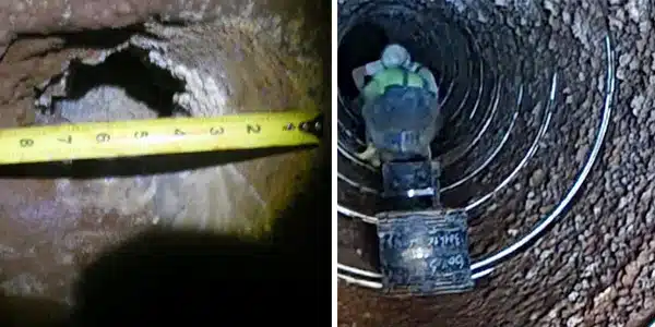 Two images, measuring a hole, looking down a pipe at technicians installing HydraTite