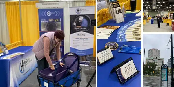 Four images, unpacking a trade show booth, table covered in trade show supplies, booths at a trade show, city view