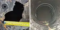 Two images, hole in the side of a pipe, HydraTite installed in a pipe