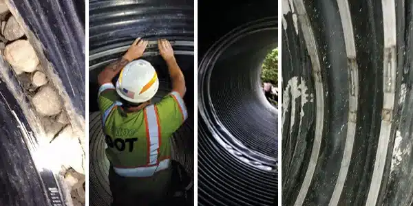 Four images, severe joint separation in a corrugated pipe, technician installing HydraTite in a corrugated pipe, HydraTite installed in an elliptical pipe, HydraTite installed with three retaining bands