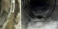 Two images, exposed pipe joint, HydraTite installed in a pipe that has ice covering the invert