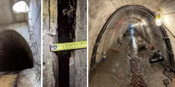 Three images, ladder going down into a pipe, severe joint separation, HydraTite installed in an irregular pipe