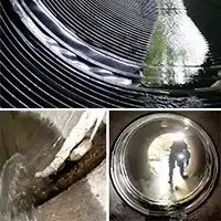 Three images, HydraTite protecting a corrugated pipe joint, a pipe joint with severe separation, technician inspecting HydraTite's installation in a pipe