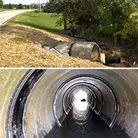 Two images, culvert entrance, multiple HydraTite seals installed in a culvert