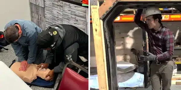 Two images, practicing CPR on a dummy, installing a demo box seal