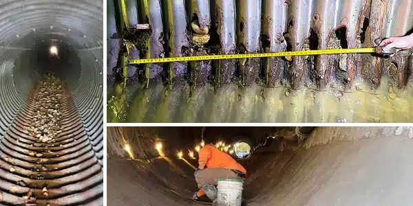 Three images, culvert in which rust is eating at the invert of the pipe, holes in the invert of a pipe being measured, technician spreading concrete
