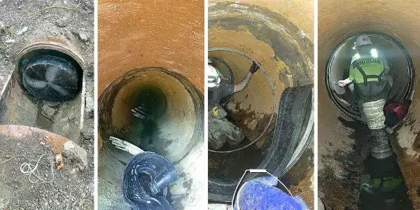 Four images, entrance to a pipe, active leak in a joint, looking out of a long pipe, HydraTite installed on the bend of a pipe