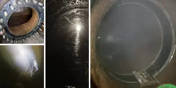 Four images, entrance to a pipe, active leak in a joint, looking out of a long pipe, HydraTite installed on the bend of a pipe