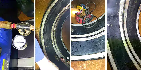 Four images, air testing gauge, Two HydraTite seals installed in a pipe, two HydraTite seals installed next to each other, pair of HydraTite seals