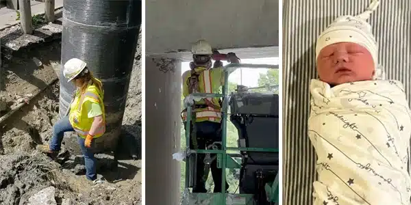 Three images, field technicians inspecting a bridge column that has recently been wrapped, field technician grinding a bridge support, a baby swaddled in a bed