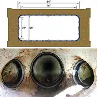 Two images, graphic representation of a cross section of a box culvert with HydraTite installed over the joint, three branches of a pipe with HydraTite installed in three locations