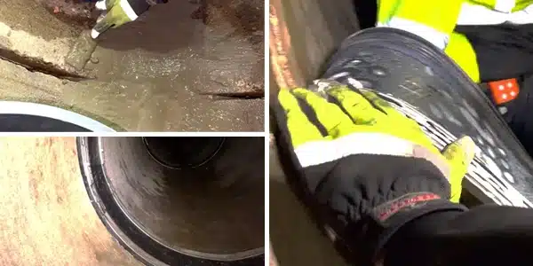 Three images, spreading concrete on the invert of the pipe, HydraTite installed in a pipe, technicians rubbing lube on the ribs of HydraTite