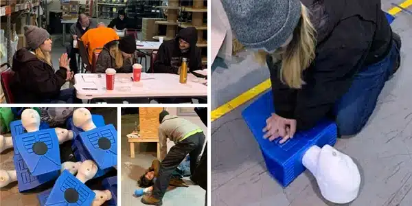 Four images, technicians sitting at a table learning company procedure, CPR test dummies, two technicians practicing safety and recovery procedure, practicing CPR on a dummy