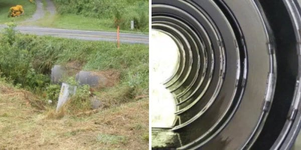 Two images, a twin culvert entrance, a long row of pipe joints with HydraTite installed over the joints