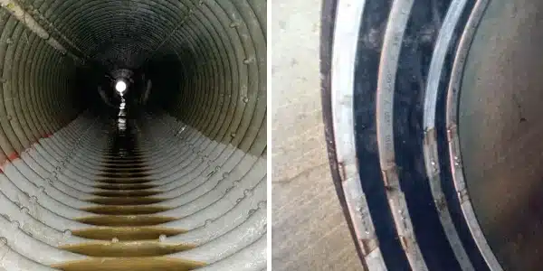 Two images, an invert of a pipe coated to protect against rust, HydraTite installed with additional retaining bands over a joint