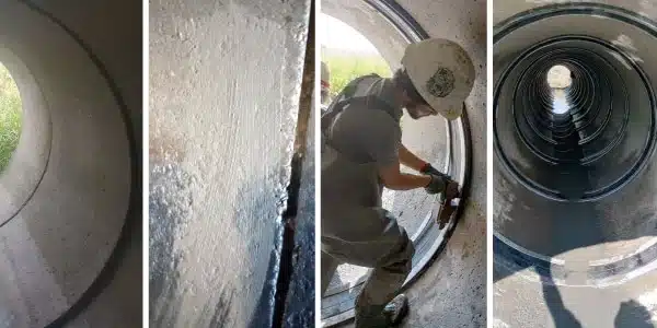 Four images, exposed joint in a culvert, separated joint with concrete applied to the nearby surface, a technician installing HydraTite over a joint, HydraTite installed over a row of joints.