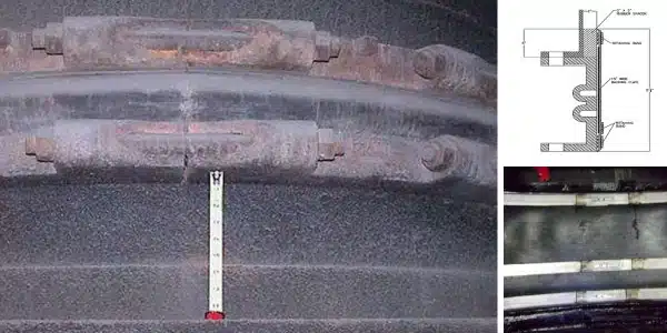 Three images, exterior of a expansion joint, diagram of an expansion joint, HydraTite functioning as a replacement for a failing expansion joint