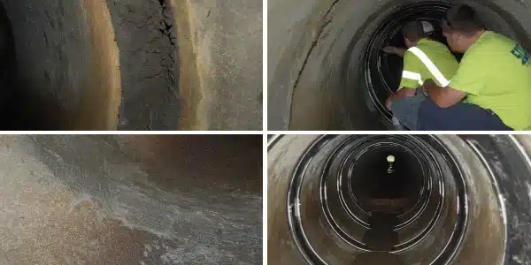 Four images, pipe joint with serious separation, a patch of concrete on the invert of a pipe, technicians installing HydraTite, HydraTite installed over a row of joints in a pipe