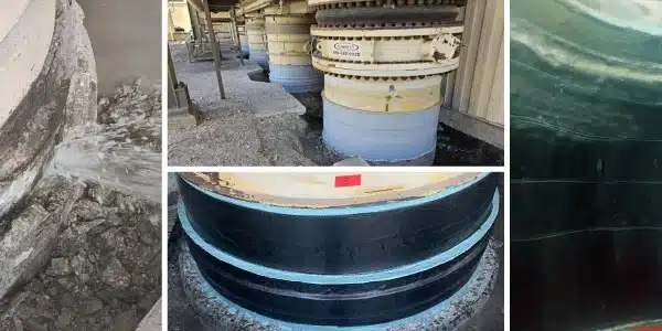 Four images, water spraying out of a riser, four risers repaired with HydraWrap, HydraWrap applied to a riser, HydraWrap applied to the interior of a riser