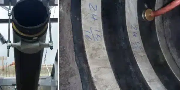 Two images, looking up to a pipe opening, HydraTite installed over a joint and that is being air tested