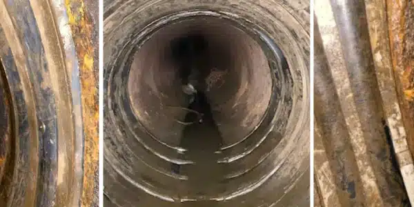 The dirty interior of a pipe in which the joint has been sealed with HydraTite